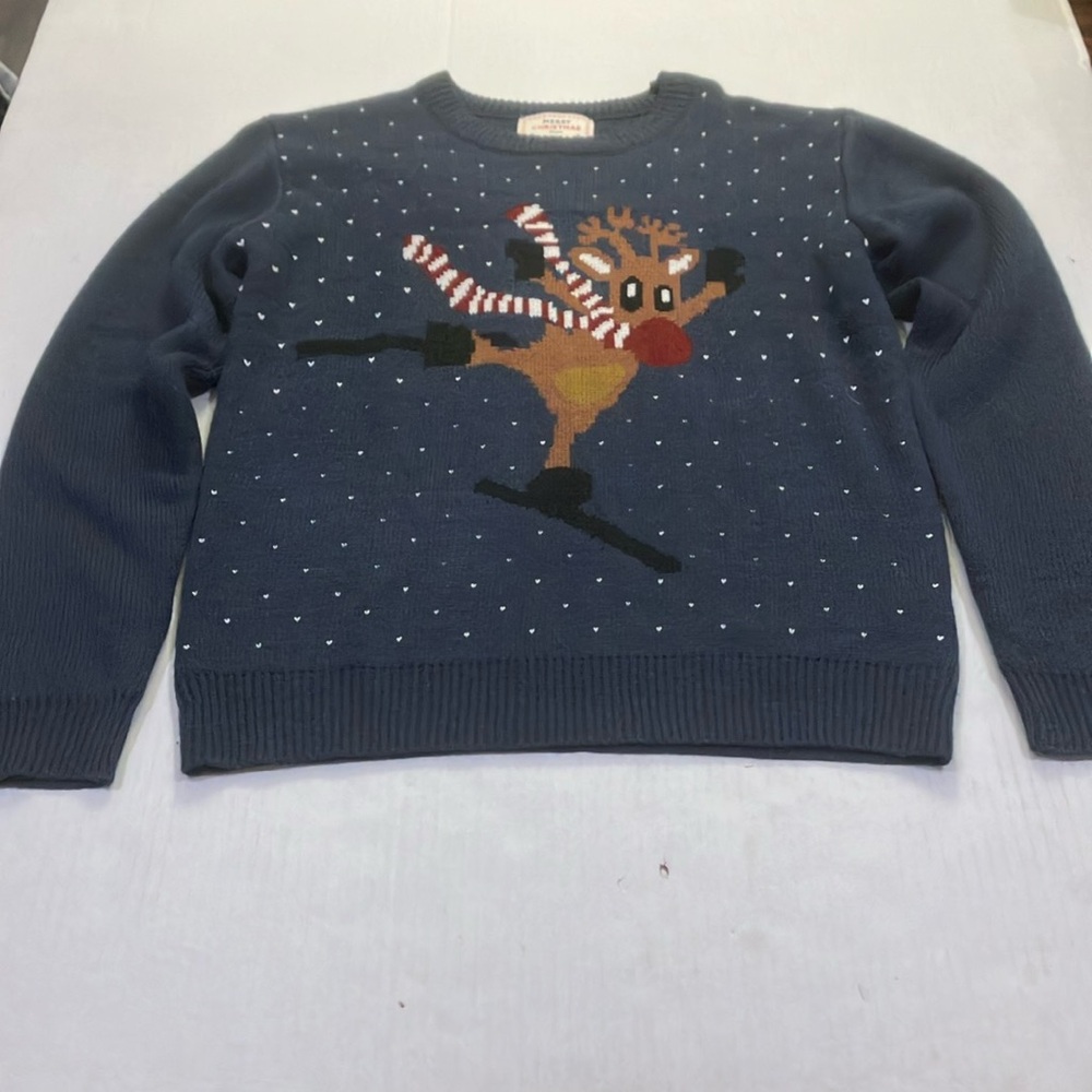 Crewneck Sweater with Festive Reindeer Design Navy Blue